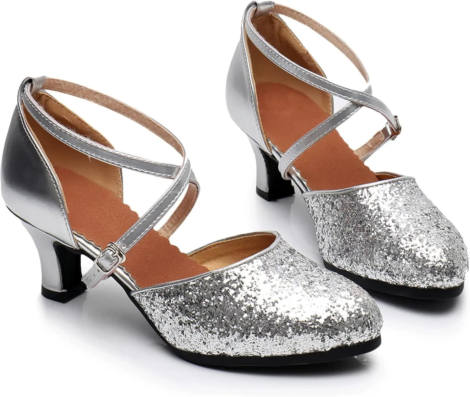 Sandals with Heels Women's Sequined Kitten Heels Closed Toe Latin Dance Shoes PU Leather Practice Ballroom Shoes