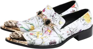 Santimon Mens Loafers Pointed Toe Leather Fashion Buckle Rhinestone Metal Tip Western Dress Shoes