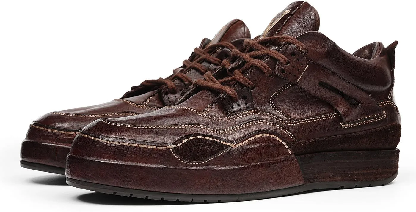 Santimon Men??s Luxury Horse-Leather Sneakers ?C Handmade Goodyear-Welt Low-Top Dress-Casual Shoes, Breathable Cow-Leather Insole, Business & Weekend Walking Comfort