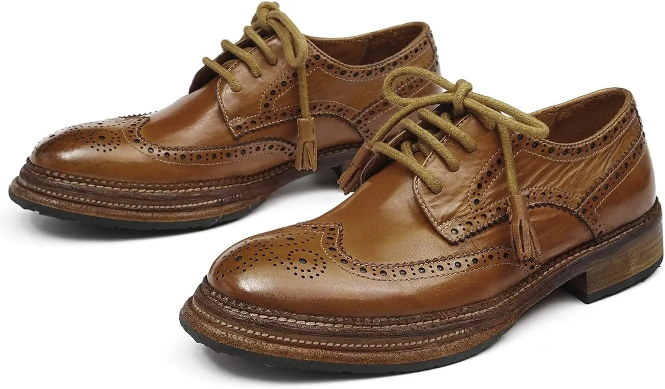 Santimon Men??s Wingtip Brogue Oxfords Horse-Leather Dress Formal Shoes ?C Handcrafted Goodyear-Welt Construction, Breathable Leather Lining for Business-Casual & Wedding