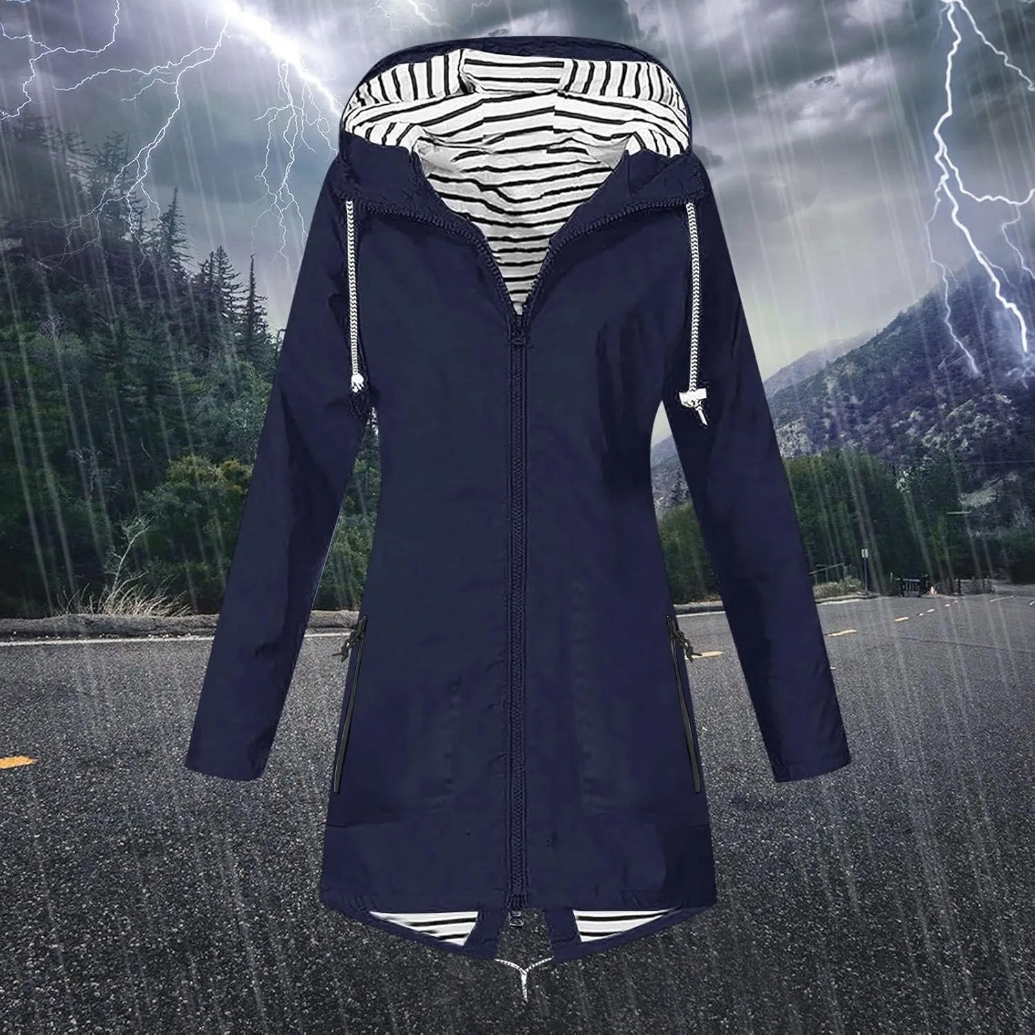 sdbrld Rain Jacket Women 2024 Fall Lightweight Waterproof Raincoat Womens Zip Up Outdoor Hooded Trench Coats Windbreaker