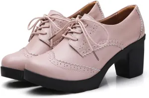 SHEMEE Women's Lace Up Chunky Heel Vintage Wingtip Dress Oxfords Round Toe Block High Heels Pumps Retro Brogues Shoes