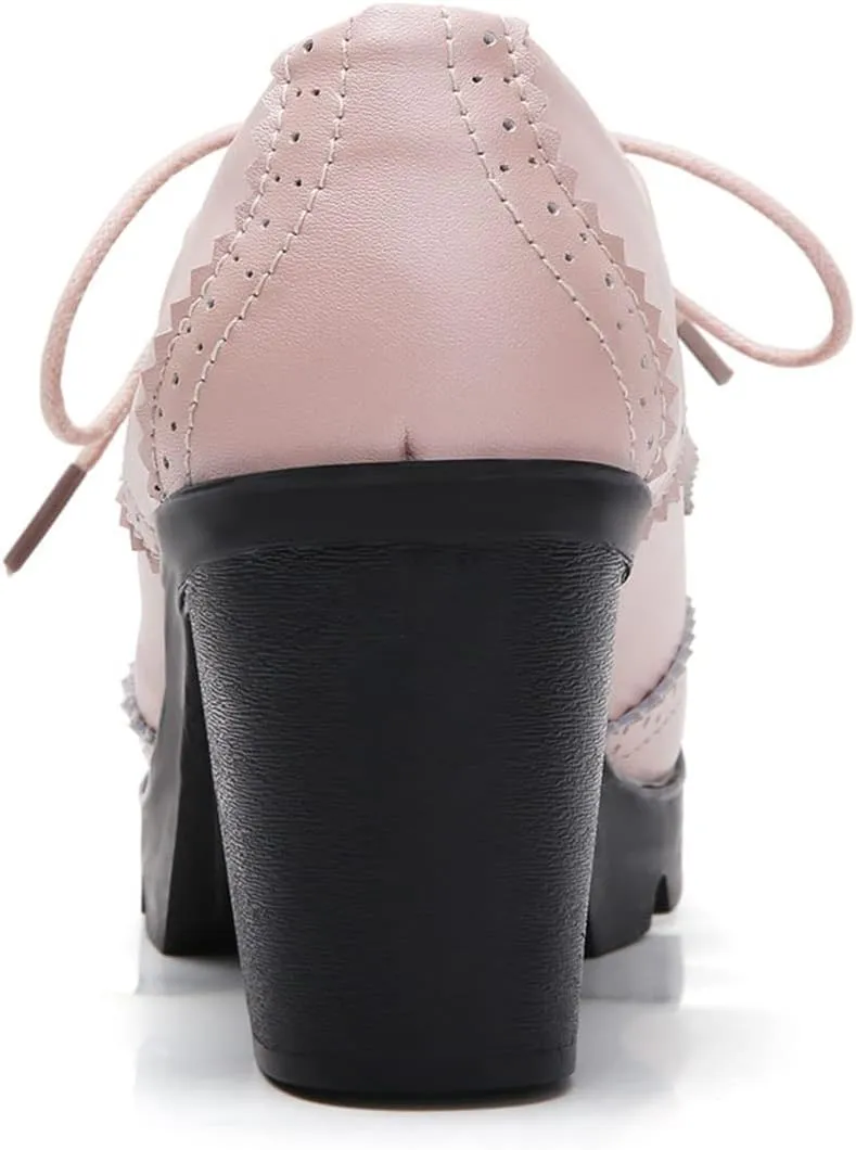 SHEMEE Women's Lace Up Chunky Heel Vintage Wingtip Dress Oxfords Round Toe Block High Heels Pumps Retro Brogues Shoes