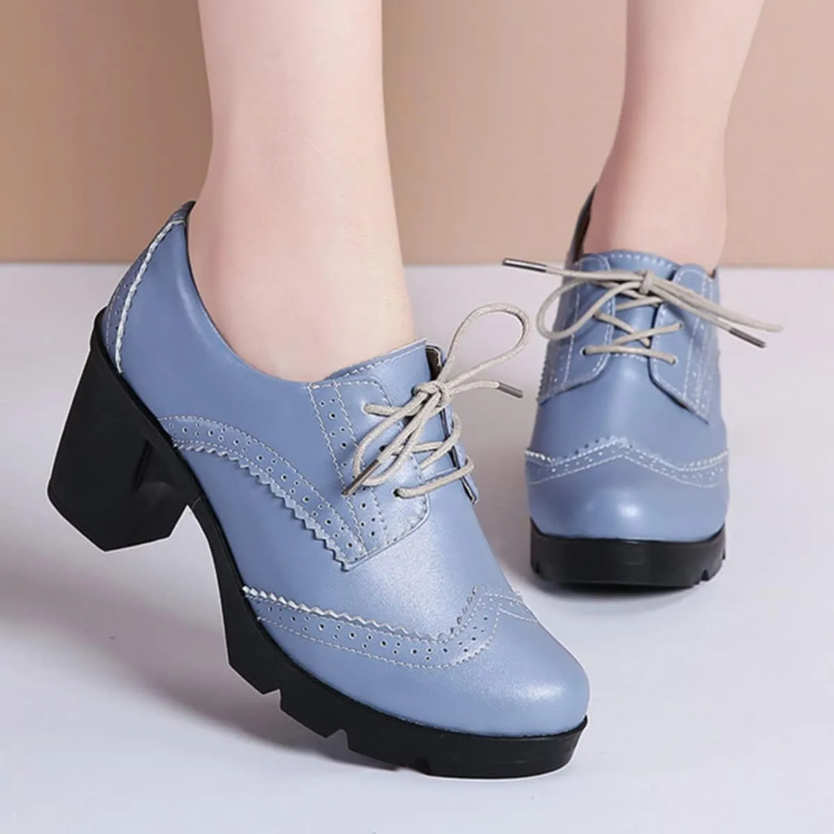 SHEMEE Women's Lace Up Chunky Heel Vintage Wingtip Dress Oxfords Round Toe Block High Heels Pumps Retro Brogues Shoes