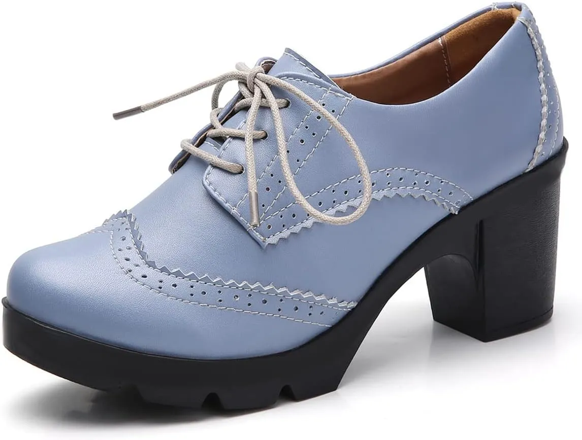 SHEMEE Women's Lace Up Chunky Heel Vintage Wingtip Dress Oxfords Round Toe Block High Heels Pumps Retro Brogues Shoes