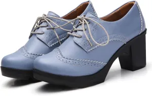SHEMEE Women's Lace Up Chunky Heel Vintage Wingtip Dress Oxfords Round Toe Block High Heels Pumps Retro Brogues Shoes
