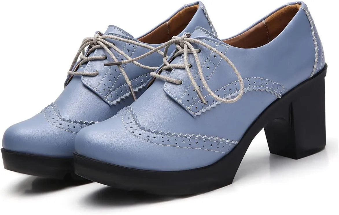 SHEMEE Women's Lace Up Chunky Heel Vintage Wingtip Dress Oxfords Round Toe Block High Heels Pumps Retro Brogues Shoes
