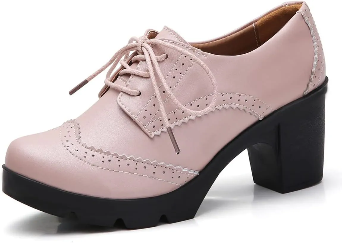 SHEMEE Women's Lace Up Chunky Heel Vintage Wingtip Dress Oxfords Round Toe Block High Heels Pumps Retro Brogues Shoes