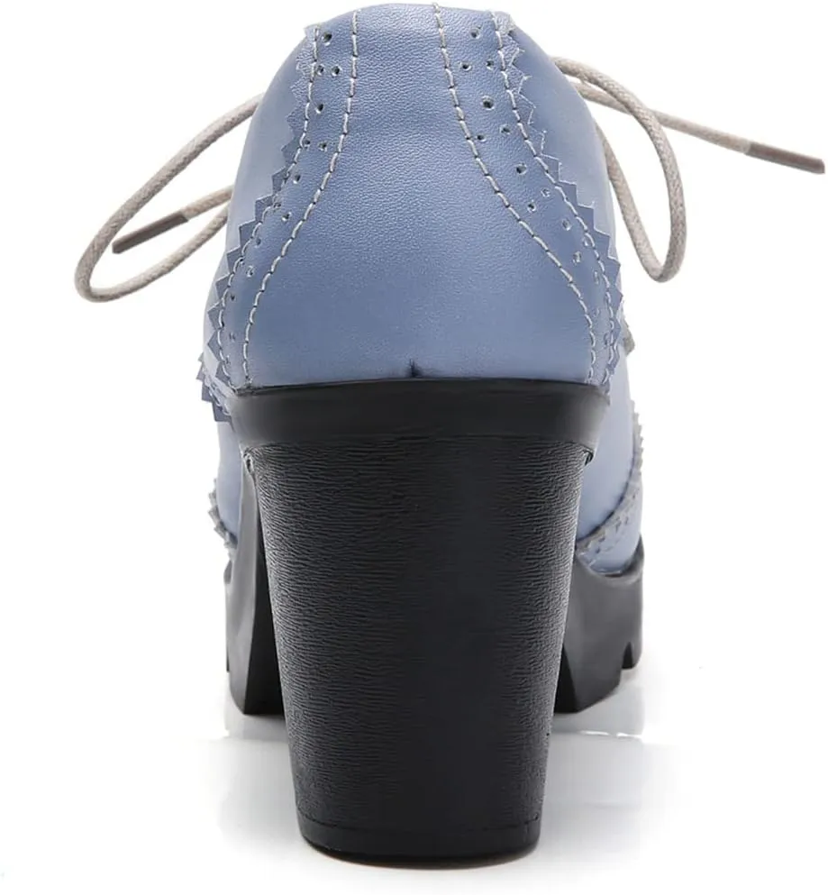SHEMEE Women's Lace Up Chunky Heel Vintage Wingtip Dress Oxfords Round Toe Block High Heels Pumps Retro Brogues Shoes