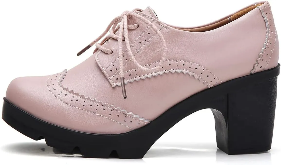 SHEMEE Women's Lace Up Chunky Heel Vintage Wingtip Dress Oxfords Round Toe Block High Heels Pumps Retro Brogues Shoes