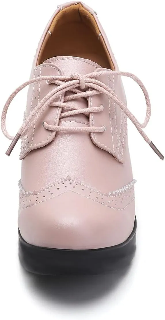 SHEMEE Women's Lace Up Chunky Heel Vintage Wingtip Dress Oxfords Round Toe Block High Heels Pumps Retro Brogues Shoes