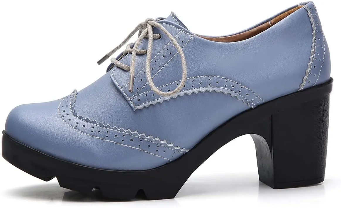 SHEMEE Women's Lace Up Chunky Heel Vintage Wingtip Dress Oxfords Round Toe Block High Heels Pumps Retro Brogues Shoes