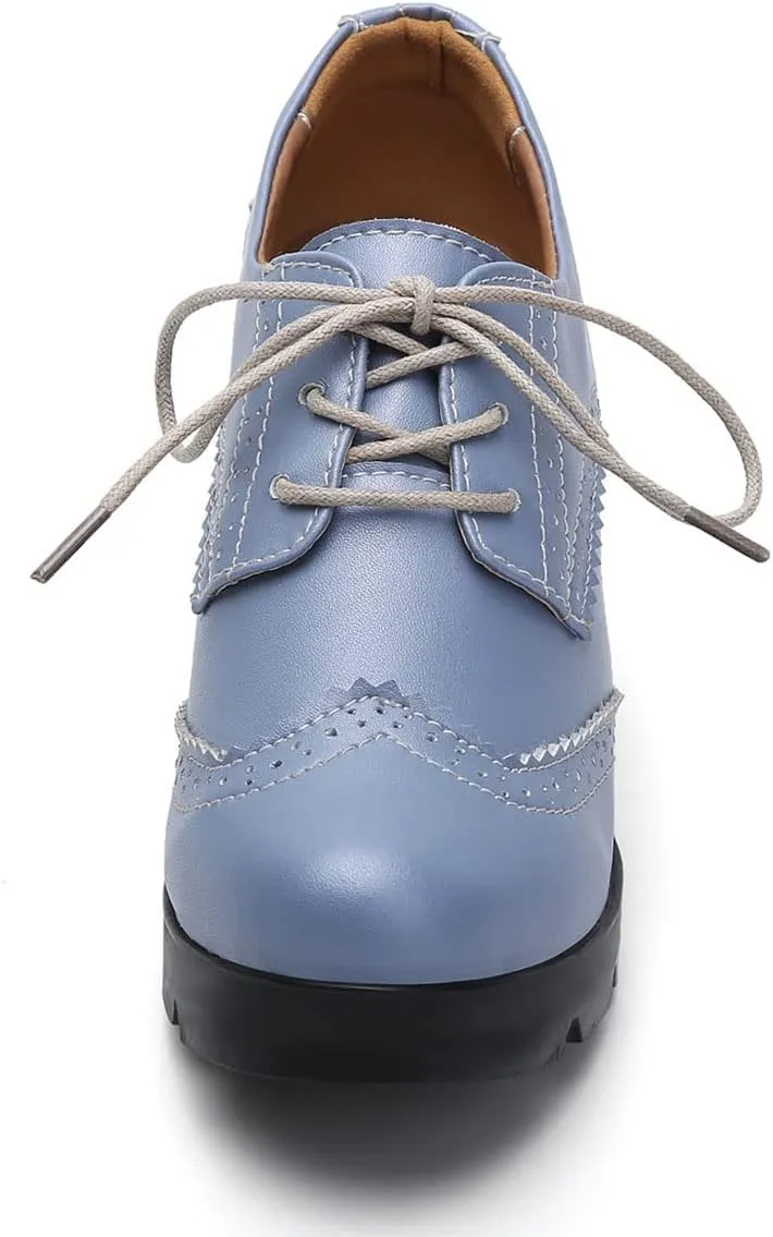 SHEMEE Women's Lace Up Chunky Heel Vintage Wingtip Dress Oxfords Round Toe Block High Heels Pumps Retro Brogues Shoes