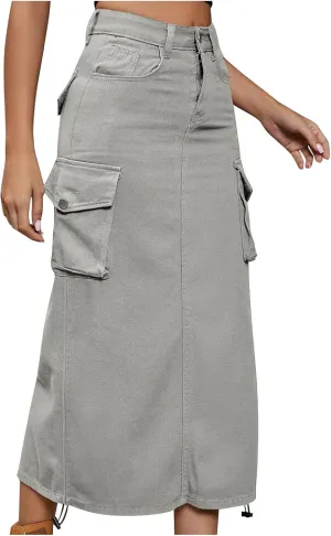 Skirts for Women Spring Summer Casual Work Skirt Trendy High Waisted Bodycon Skirt Denim Cargo Skirts with Pockets