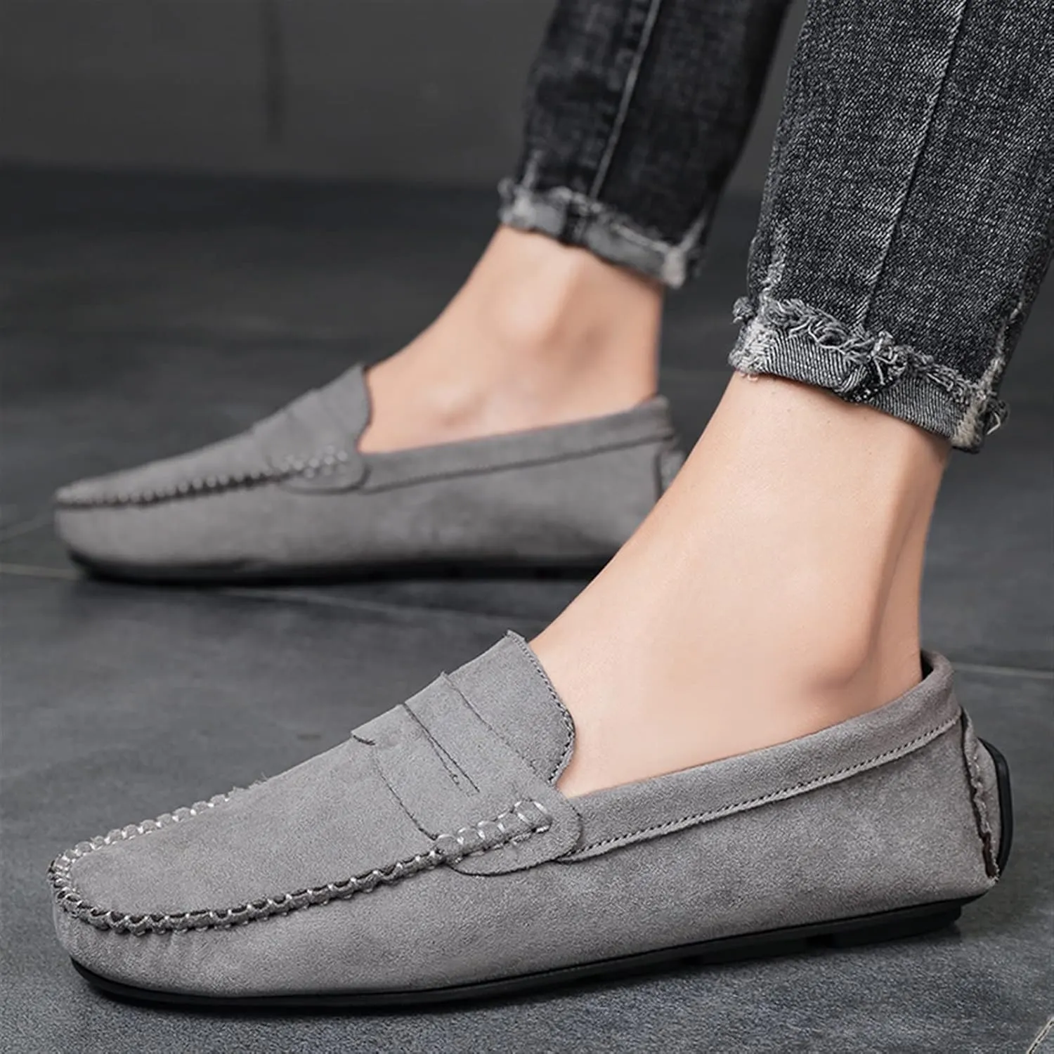 Smoking Loafer for Men Genuine Leather Round Toe Suede Vamp Penny Loafer Resistant Lightweight Anti-Slip Flat Heel Flexible Outdoor Slip On
