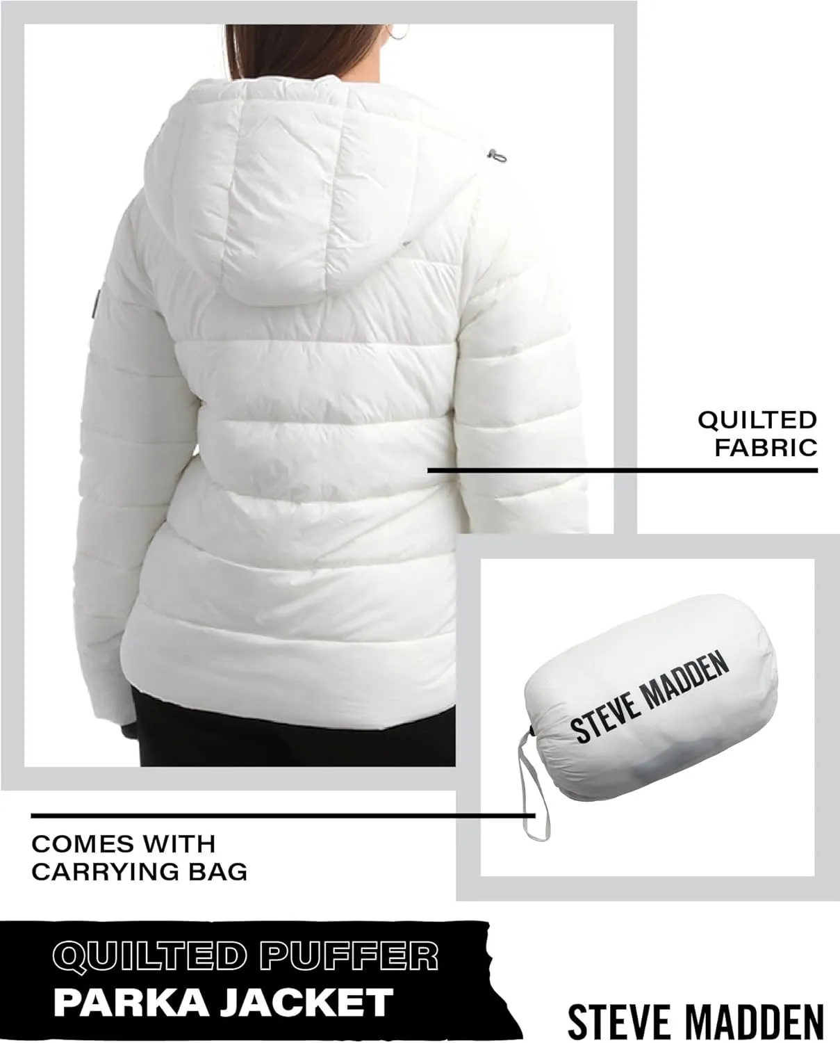 Steven Madden Women Winter Jacket - Packable Quilted Puffer Parka Coat - Hooded Outerwear Windbreaker Jacket for Women, S-XL