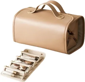 Travel Toiletry Bag, Portable 4-In-1 Foldable Cosmetic Bag Leather, Leather Waterproof Cosmetic Bag, Waterproof Cosmetic Bag, Roll Up Toiletry Bag, Waterproof Makeup Bag (Brown)