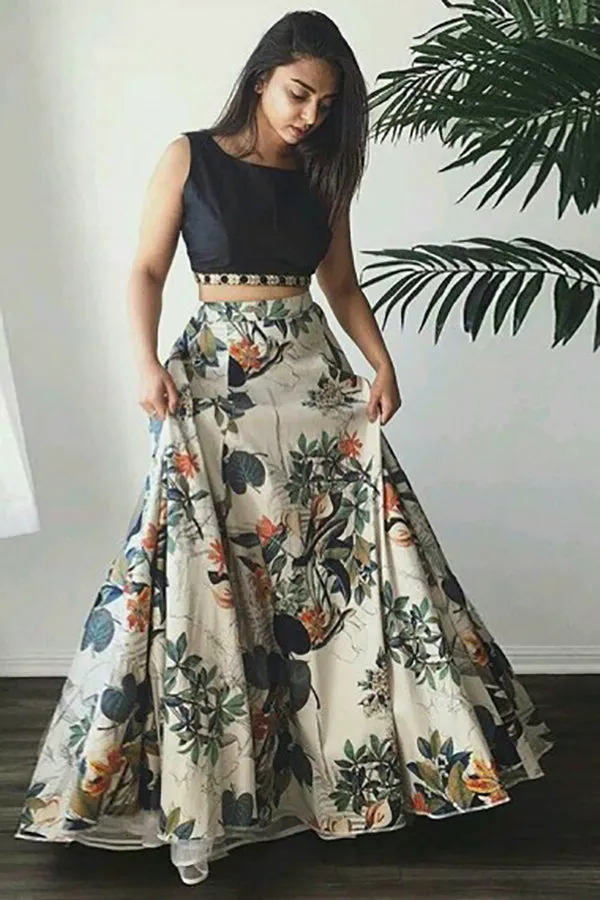 Two Piece Bateau Sweep Train Light Champagne Printed Satin Prom Dress with Beading LR304