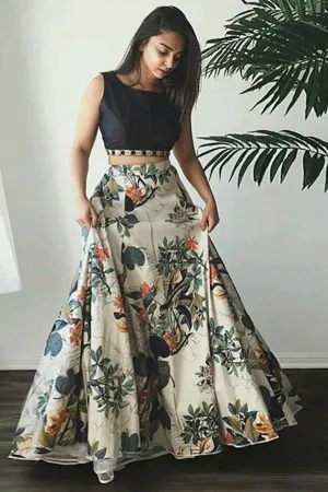 Two Piece Bateau Sweep Train Light Champagne Printed Satin Prom Dress with Beading LR304