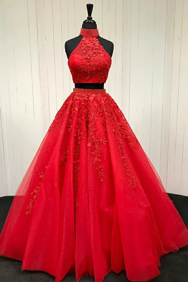 Two Piece High Neck Sweep Train Red Tulle Prom Dress with Appliques Beading LR348