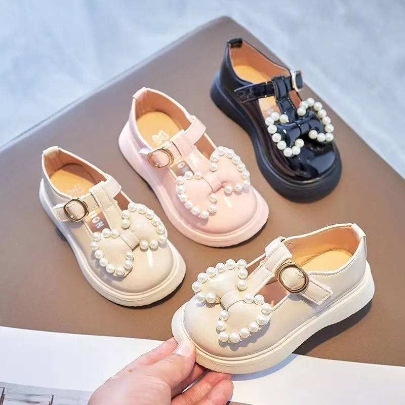 Vintage Bowknot Pearl Leather Shoes