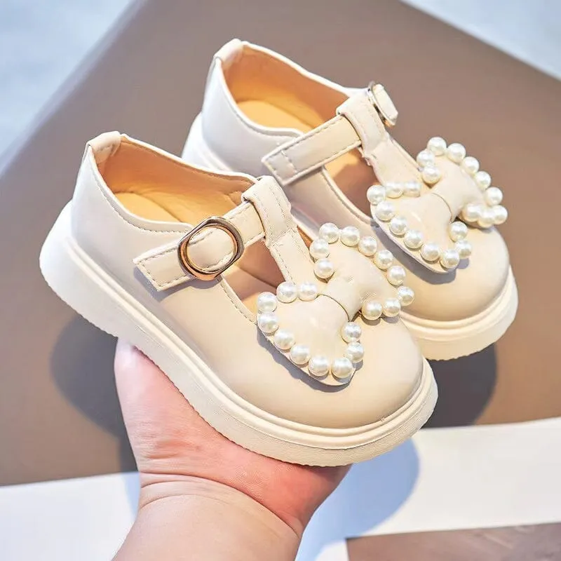 Vintage Bowknot Pearl Leather Shoes