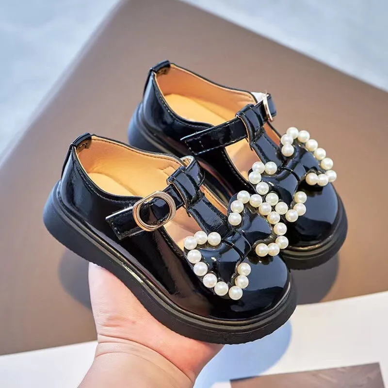 Vintage Bowknot Pearl Leather Shoes
