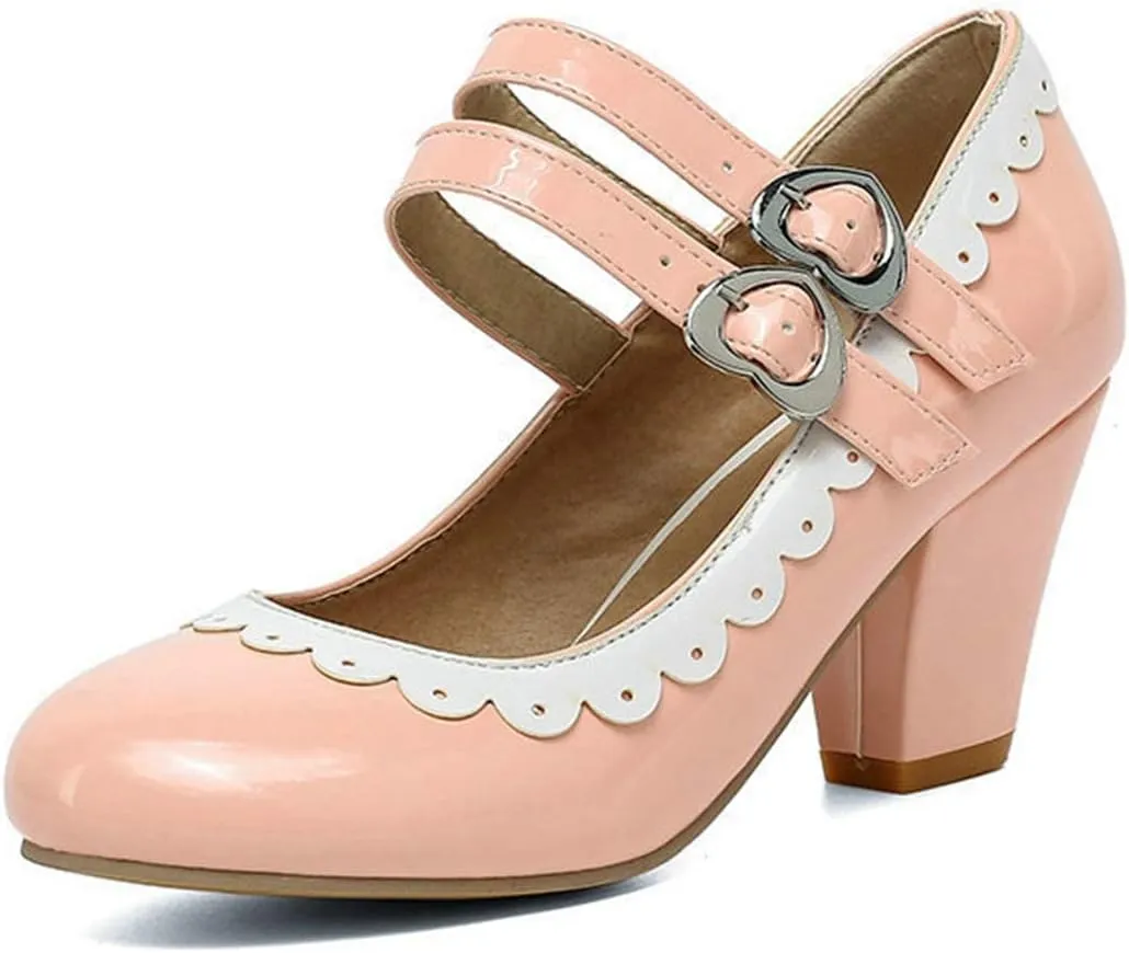 VOKLIN Women's Girls Lolita Ankle Strap Mary Jane Pumps Patent Leather Block High Heels Oxford Dress Shoes