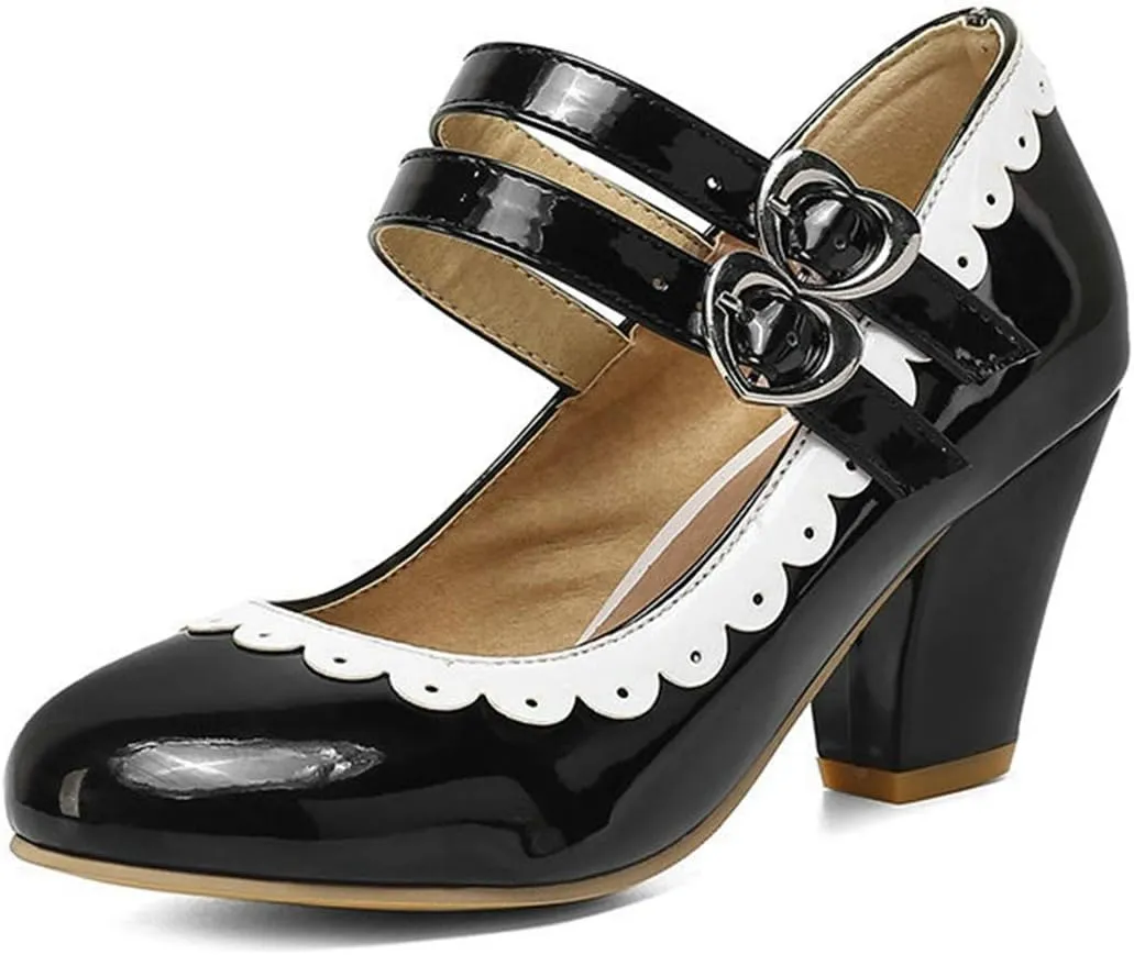 VOKLIN Women's Girls Lolita Ankle Strap Mary Jane Pumps Patent Leather Block High Heels Oxford Dress Shoes