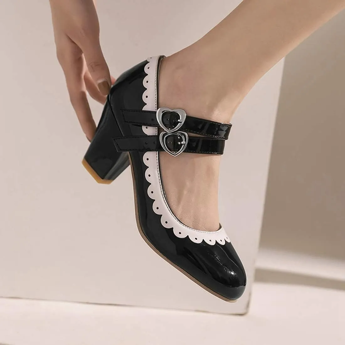 VOKLIN Women's Girls Lolita Ankle Strap Mary Jane Pumps Patent Leather Block High Heels Oxford Dress Shoes
