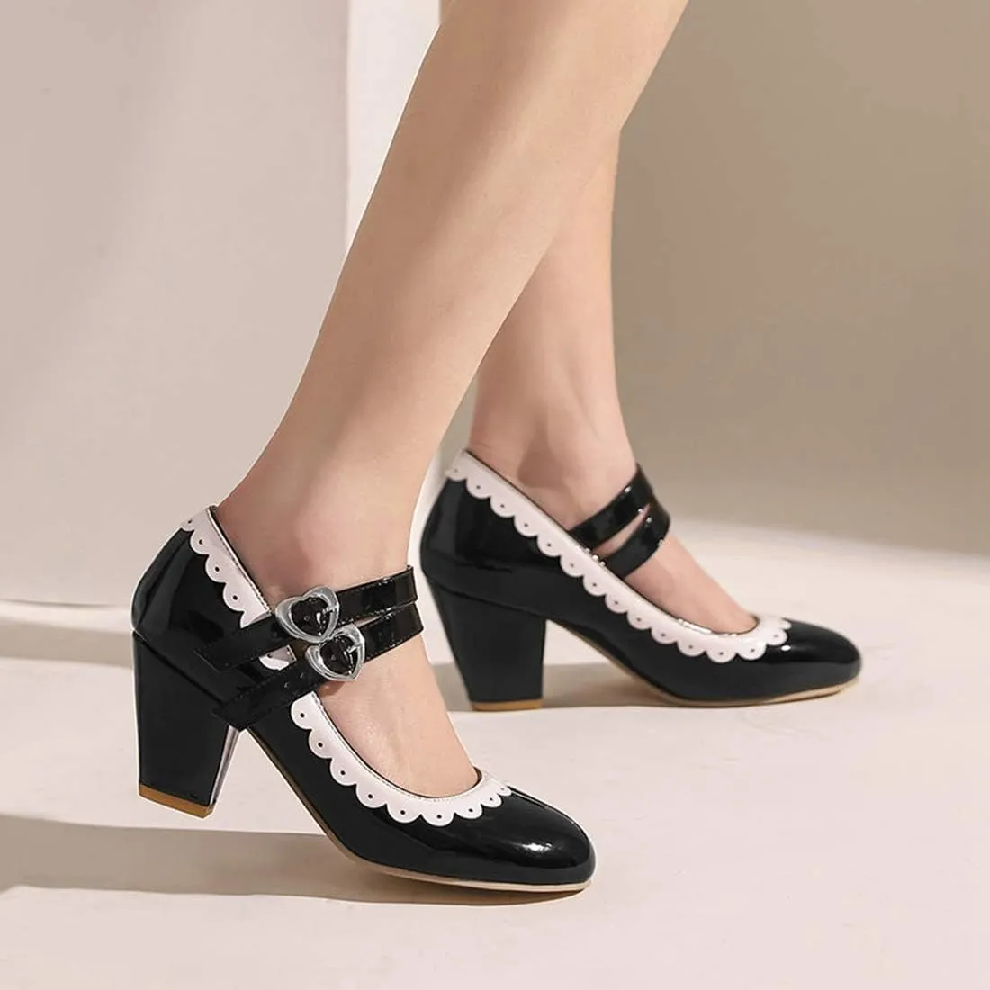 VOKLIN Women's Girls Lolita Ankle Strap Mary Jane Pumps Patent Leather Block High Heels Oxford Dress Shoes