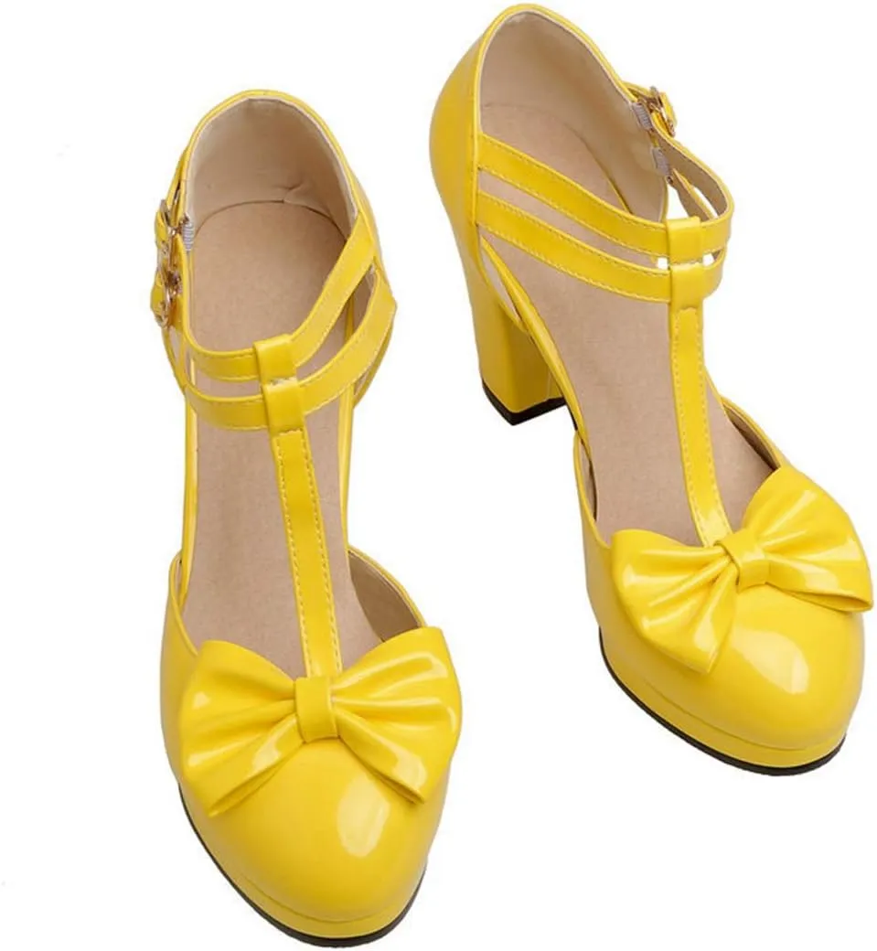 VOKLIN Women's Girls Lolita Platform T-Strap Mary Jane Pumps Patent Leather High Heel Bow Oxford Dress Shoes