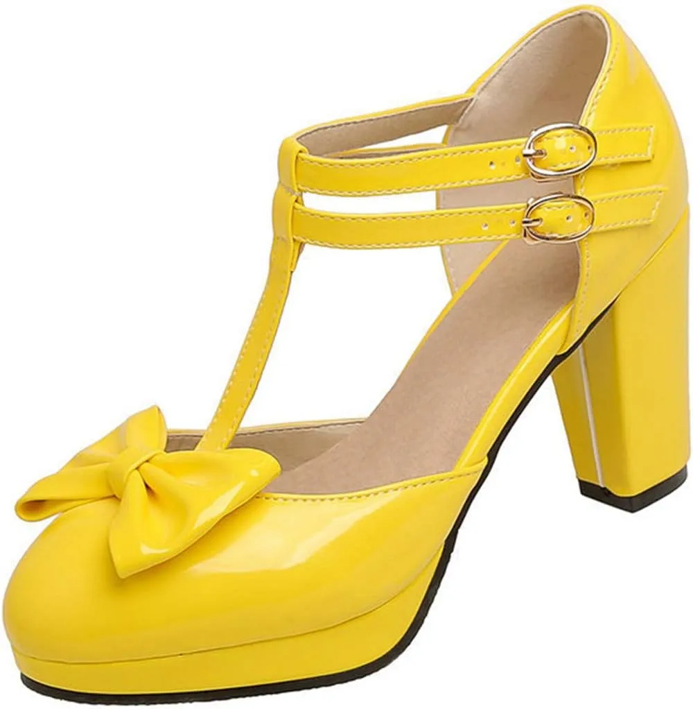 VOKLIN Women's Girls Lolita Platform T-Strap Mary Jane Pumps Patent Leather High Heel Bow Oxford Dress Shoes
