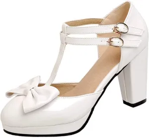 VOKLIN Women's Girls Lolita Platform T-Strap Mary Jane Pumps Patent Leather High Heel Bow Oxford Dress Shoes