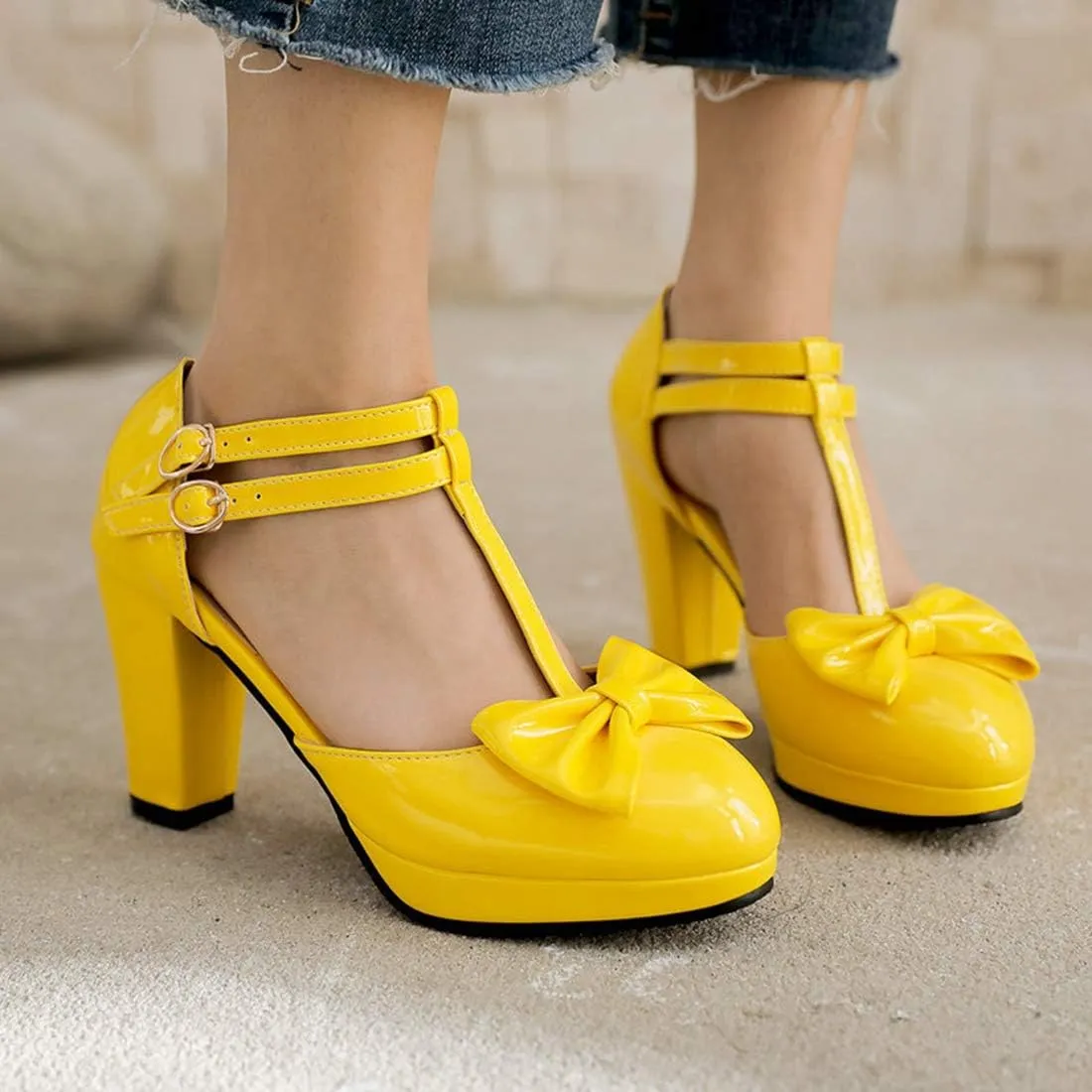 VOKLIN Women's Girls Lolita Platform T-Strap Mary Jane Pumps Patent Leather High Heel Bow Oxford Dress Shoes