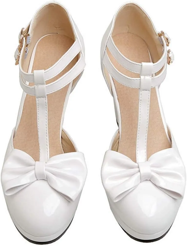 VOKLIN Women's Girls Lolita Platform T-Strap Mary Jane Pumps Patent Leather High Heel Bow Oxford Dress Shoes