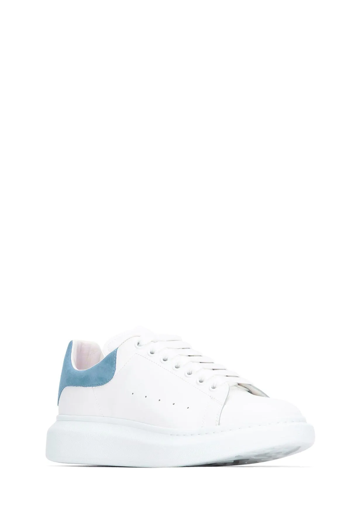 White leather sneakers with pastel light blue suede heel