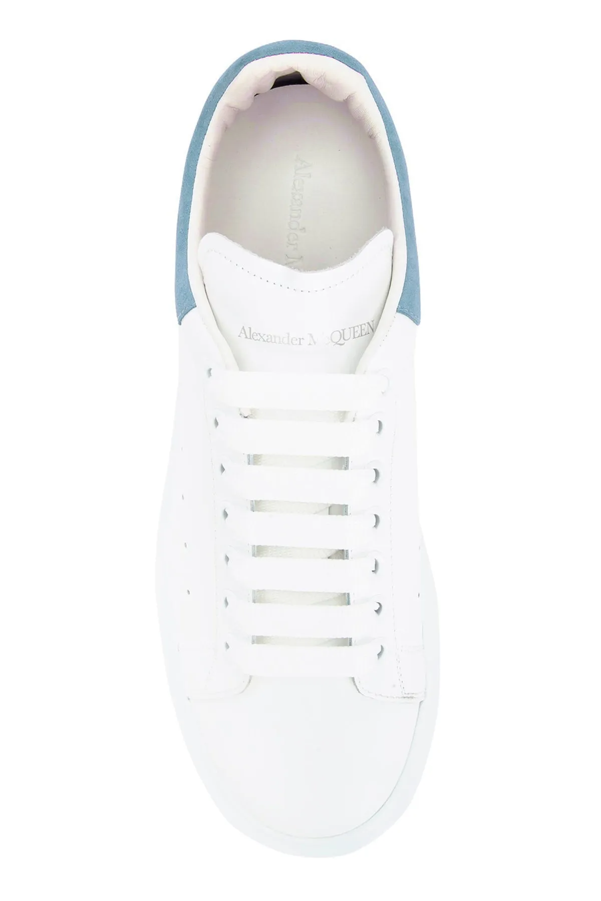 White leather sneakers with pastel light blue suede heel