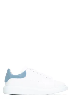 White leather sneakers with pastel light blue suede heel
