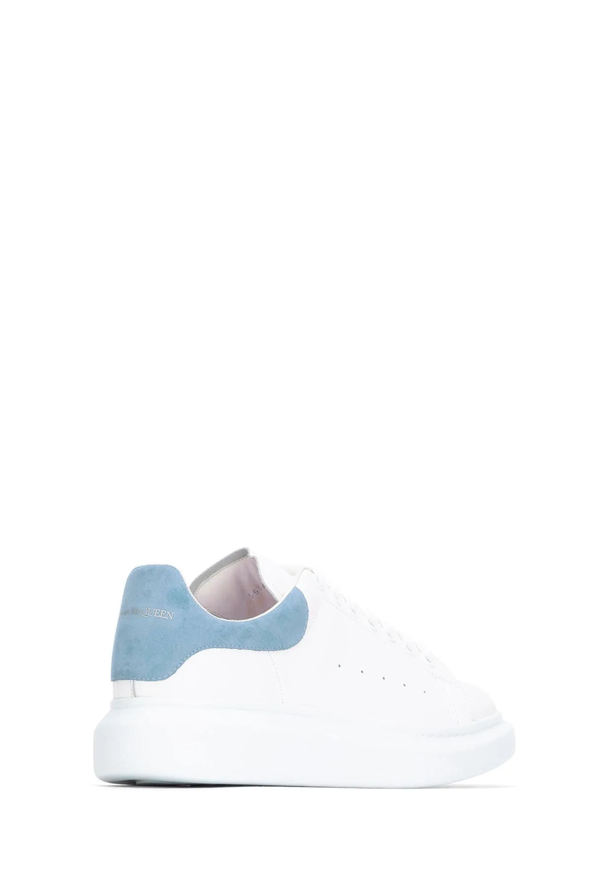 White leather sneakers with pastel light blue suede heel