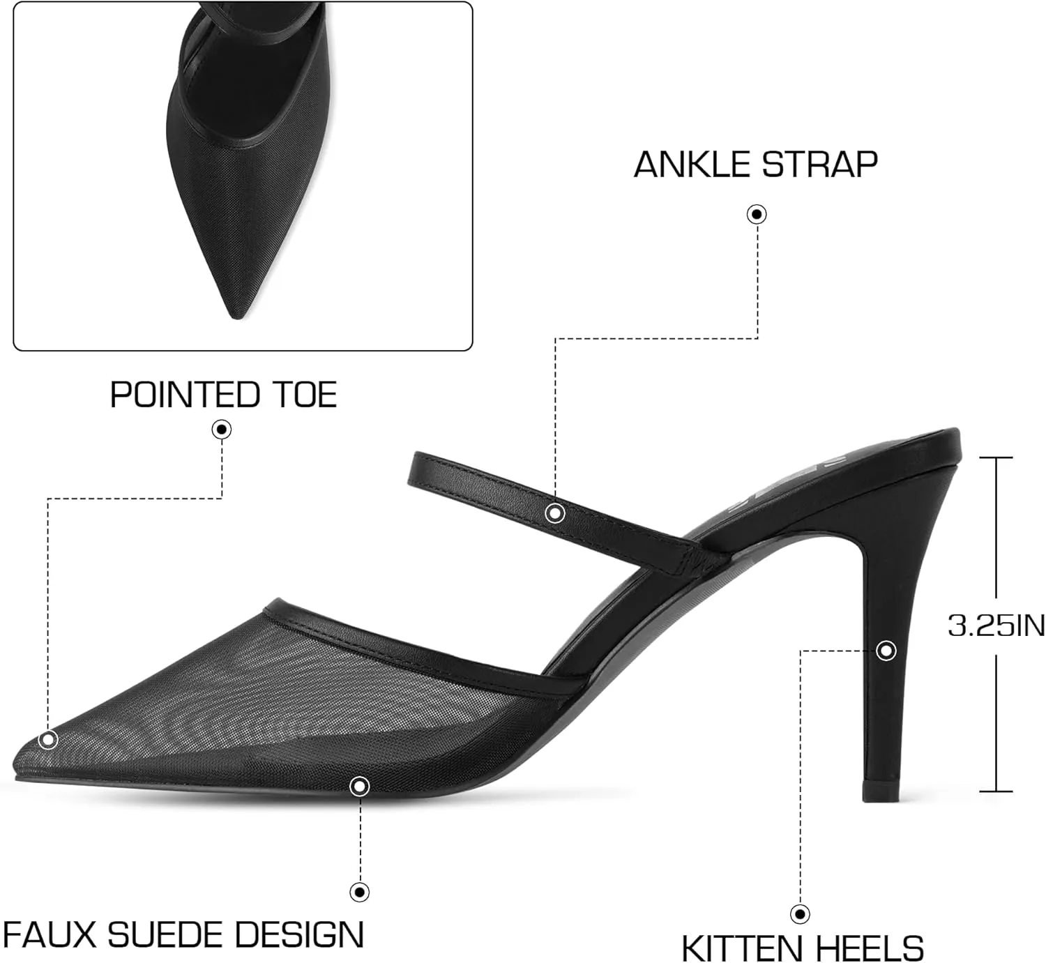 WIRALOMI Kitten Heels for Women Mesh Heels Closed Pointed Toe Mule Heeled Sandals Slip On Wedding Dress Mesh Pumps Shoes