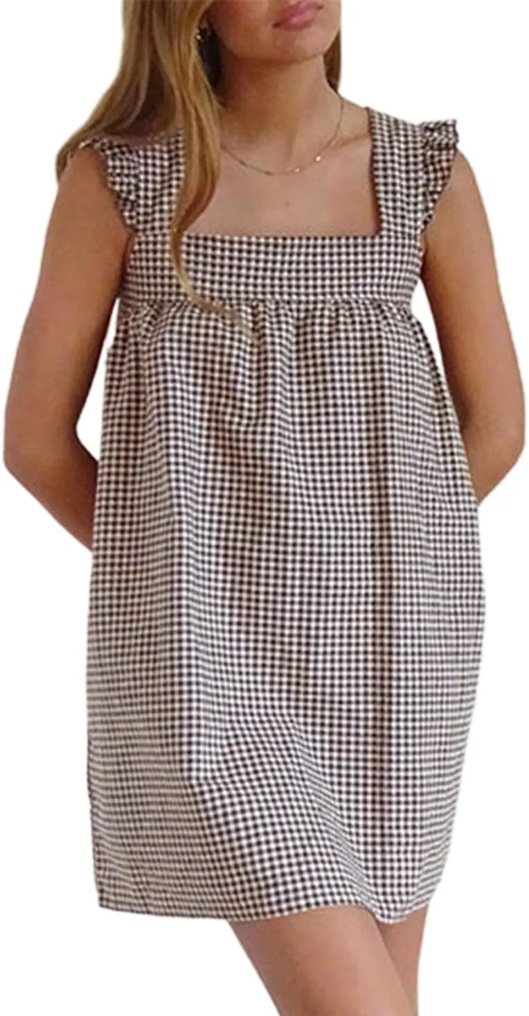 Women Boho Babydoll Mini Dress Y2k Flowy Ruffle Short Dress Casual Going Out Dress Cute Streetwear