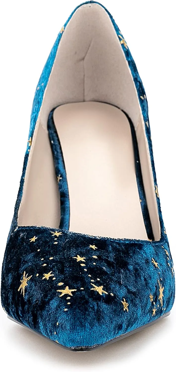 Women Elegant Velvet High Heel Pointed Toe Pumps Star Pattern Slip on Vegan Suede Slide Stiletto Shoes