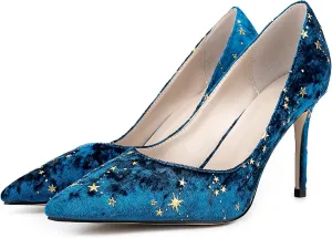 Women Elegant Velvet High Heel Pointed Toe Pumps Star Pattern Slip on Vegan Suede Slide Stiletto Shoes