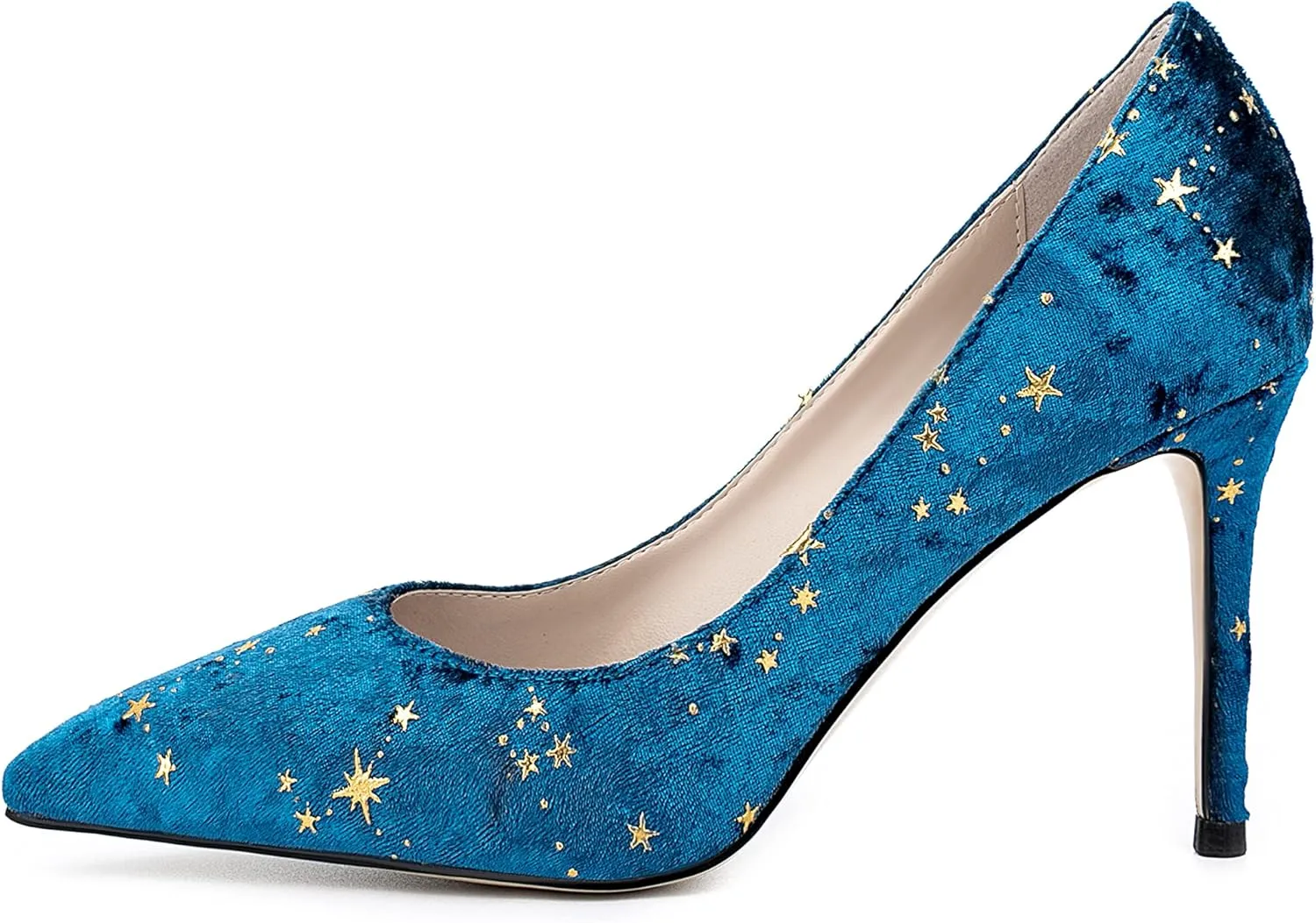 Women Elegant Velvet High Heel Pointed Toe Pumps Star Pattern Slip on Vegan Suede Slide Stiletto Shoes