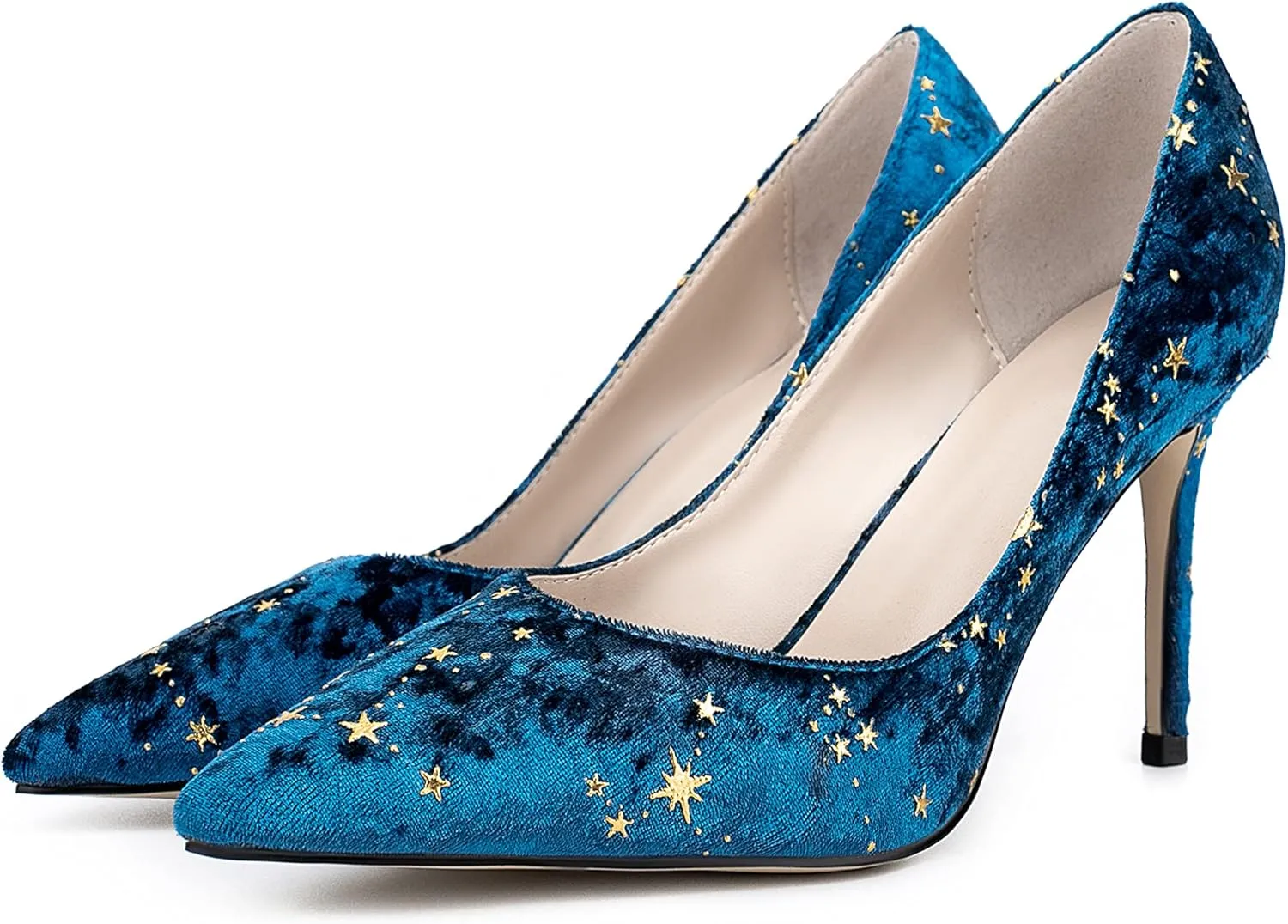 Women Elegant Velvet High Heel Pointed Toe Pumps Star Pattern Slip on Vegan Suede Slide Stiletto Shoes