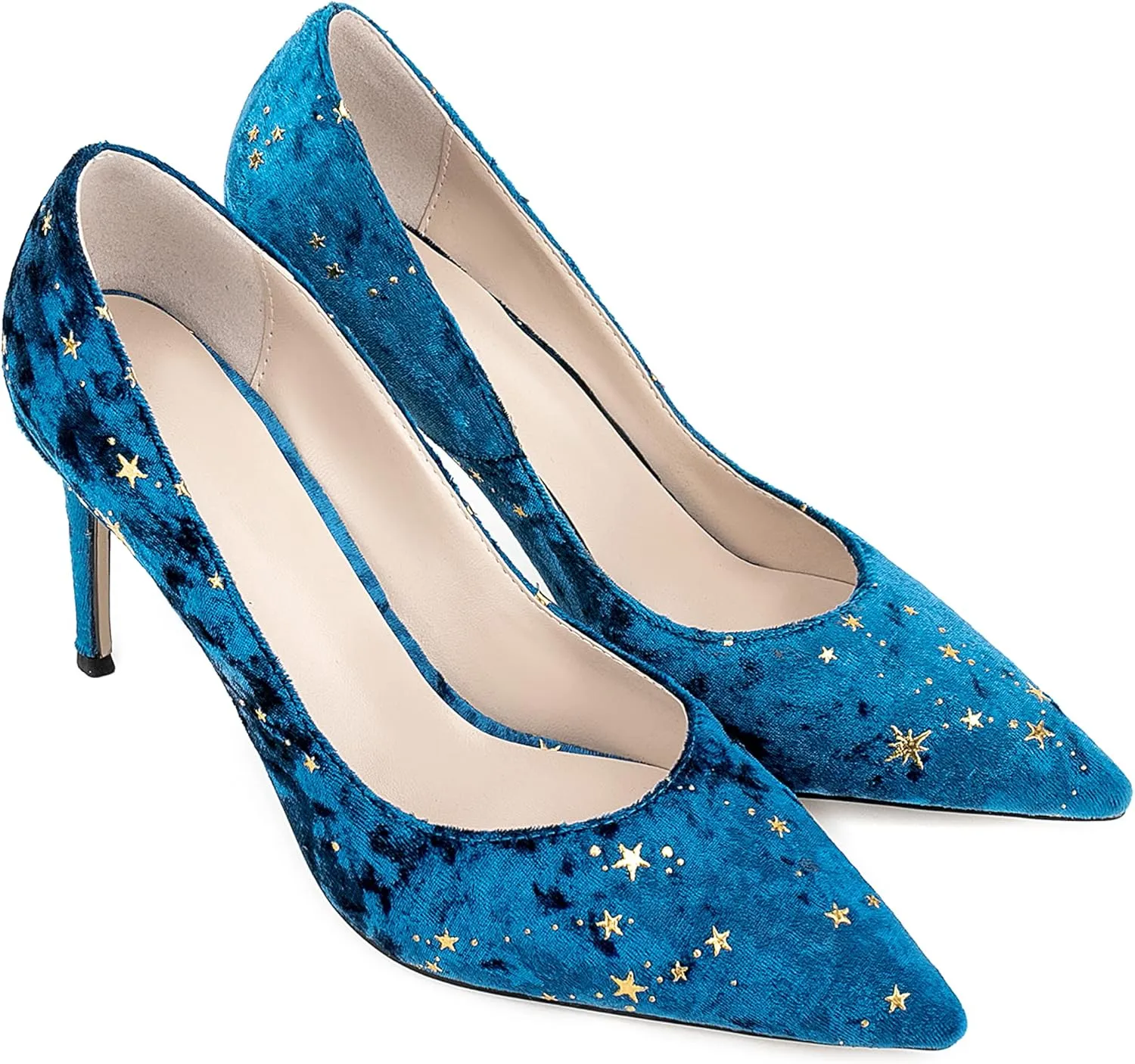 Women Elegant Velvet High Heel Pointed Toe Pumps Star Pattern Slip on Vegan Suede Slide Stiletto Shoes