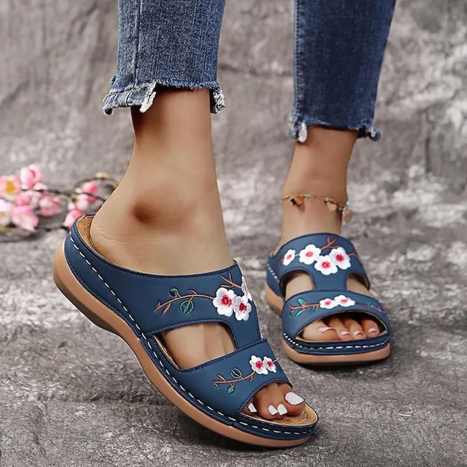 Women Orthopedic Sandals Casual Strappy Low Wedges Sandals Open Toe Flower Print Casual Comfortable Platform Sandals Walking Slip on Sandals