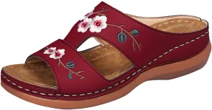 Women Orthopedic Sandals Casual Strappy Low Wedges Sandals Open Toe Flower Print Casual Comfortable Platform Sandals Walking Slip on Sandals