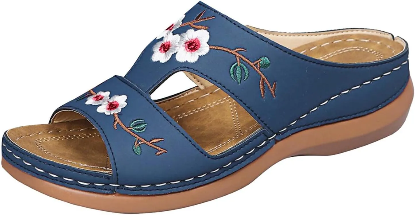 Women Orthopedic Sandals Casual Strappy Low Wedges Sandals Open Toe Flower Print Casual Comfortable Platform Sandals Walking Slip on Sandals